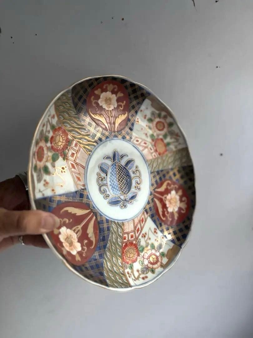 698 骨董 アンティーク 古伊万里 色絵金彩柘榴紋様9寸平皿 幕末