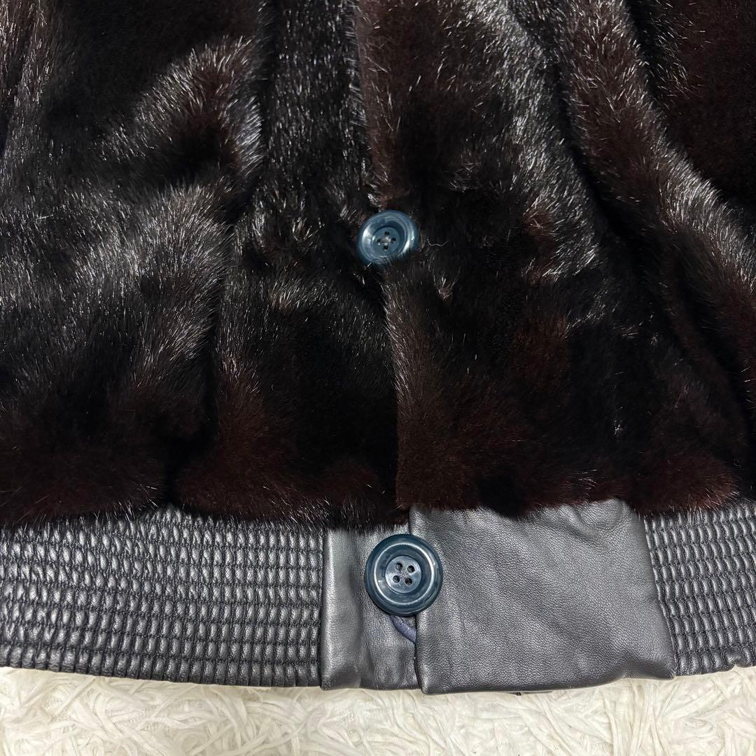 【極美品/レア】ミンク 毛皮 レザージャケット 切り替え リブ編み ブラウン