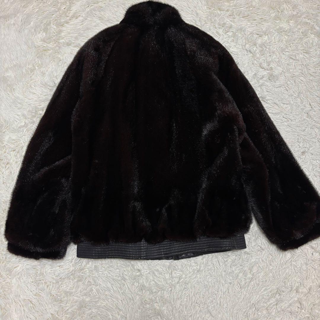 【極美品/レア】ミンク 毛皮 レザージャケット 切り替え リブ編み ブラウン