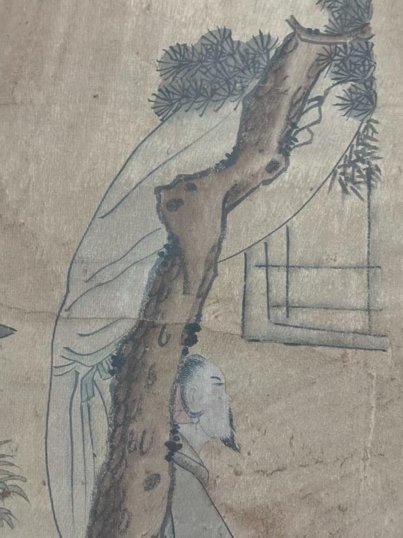中国古美術 清代 錢慧安 人物と樹木の水彩掛軸 絹本 三尺