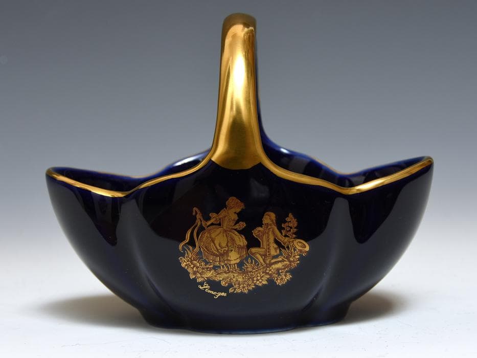 リモージュ コバルトブルー 22金 バスケット 小物入れ 陶磁器 フランス製