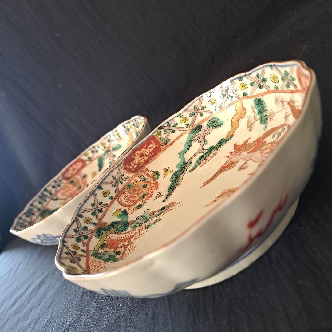 金彩の鳳凰(ほうおう)と龍！」 古伊万里 深皿(直径15.5cm) 2客