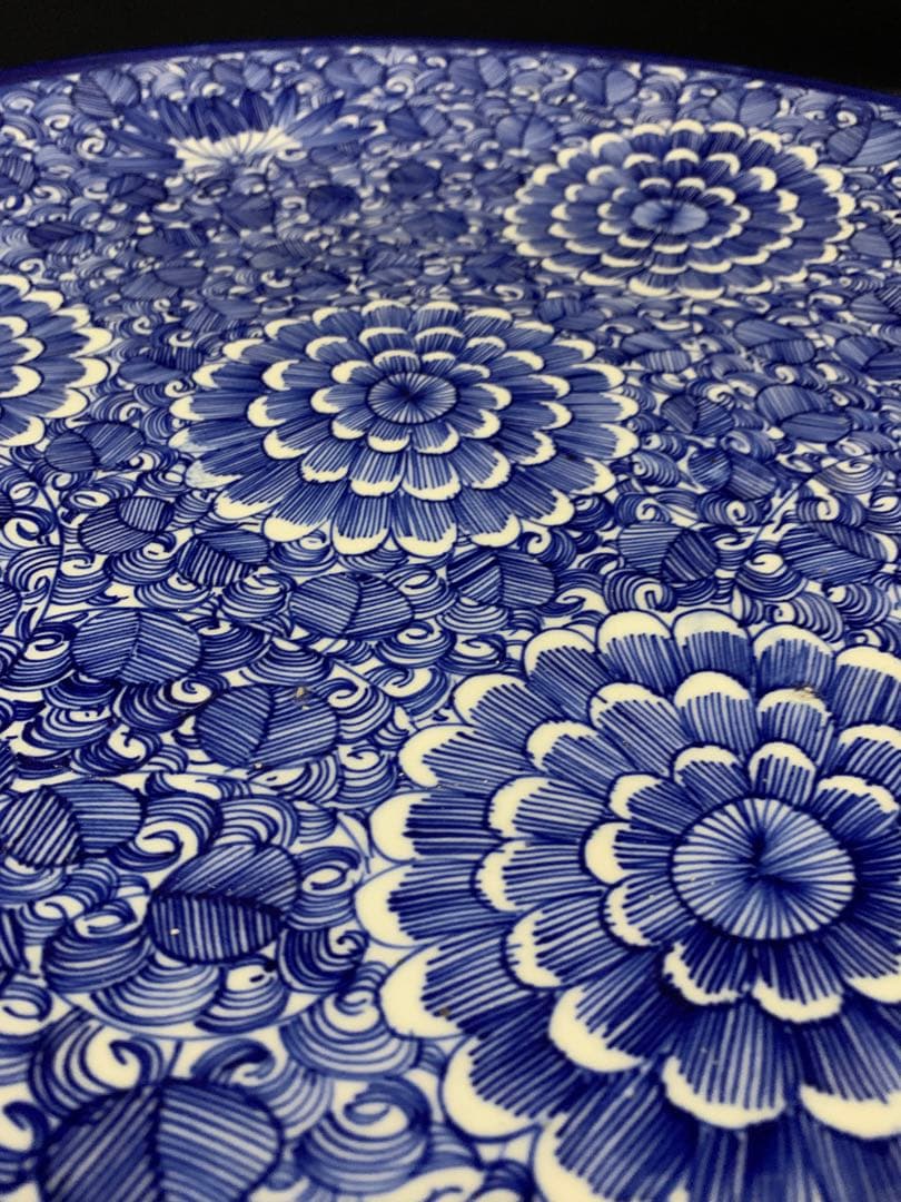 古伊万里 染付 ベロ藍 線描き 花 約直径46 5cm 大皿 太明成化