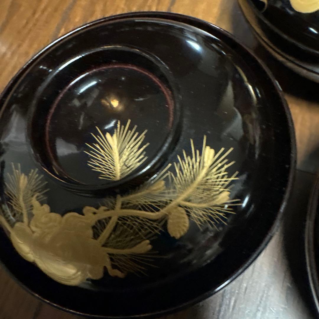 特別出品　アンティーク　蒔絵が素敵な漆器椀五客セット　松と宝珠　お殿様　煮物椀