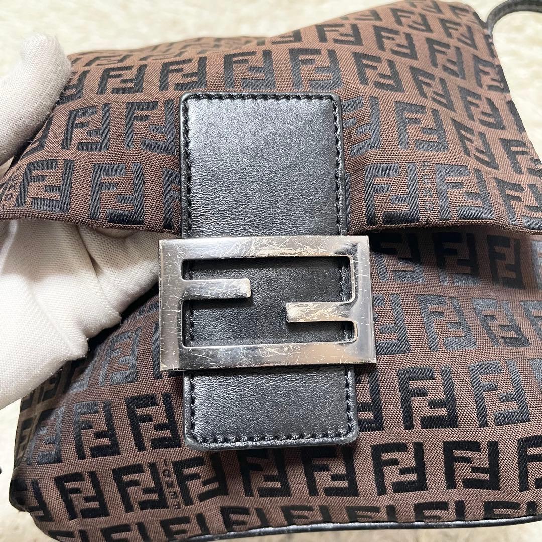 【良品】フェンディ　ショルダーバッグ　ポシェット　レザー　キャンバス　ズッキーノ