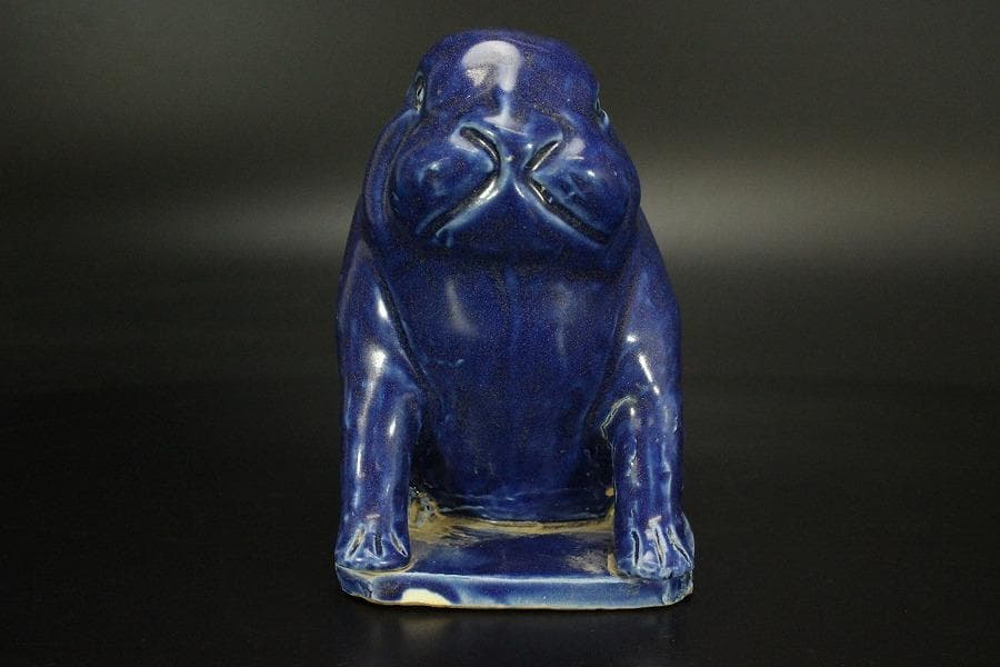 瑠璃釉 兎 置物 高12cm 骨董(LC999)