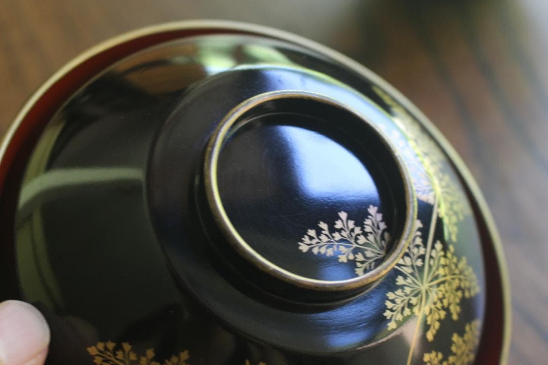 時代逸品！時代内朱金縁黒漆に優美な羊歯蒔絵の映えるお椀2点（検輪島塗蒔絵椀雑煮椀