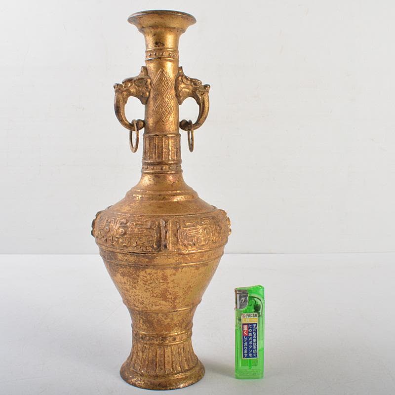 中国　古銅鍍金　饕餮文　双獣耳瓶　M　R6800