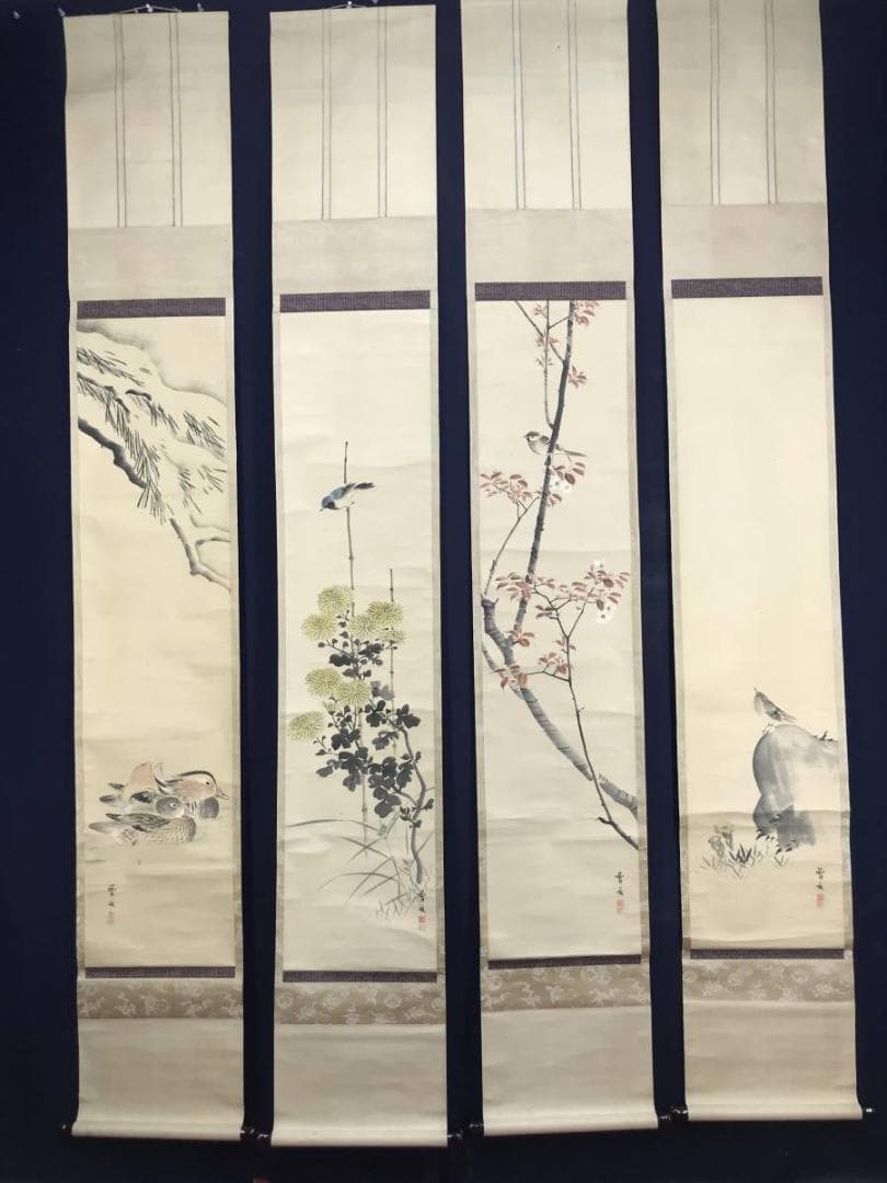 【真作】森川曽文/四季花鳥図/花鳥図/掛軸/名家伝来/AD-211