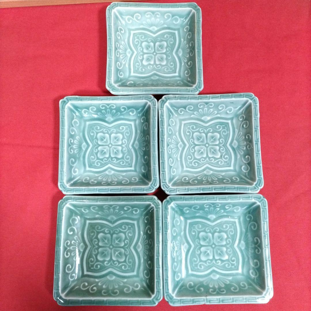 青磁の四方皿5枚揃 五陶 菓子皿 懐石料理 明治期 茶道具