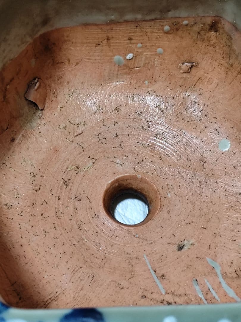 盆栽鉢 梅文 青磁染付 植木鉢 六角 　三本足