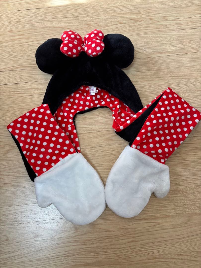 ディズニー ファンキャップ ミニー ドット 水玉 マフラー 手袋 1回使用
