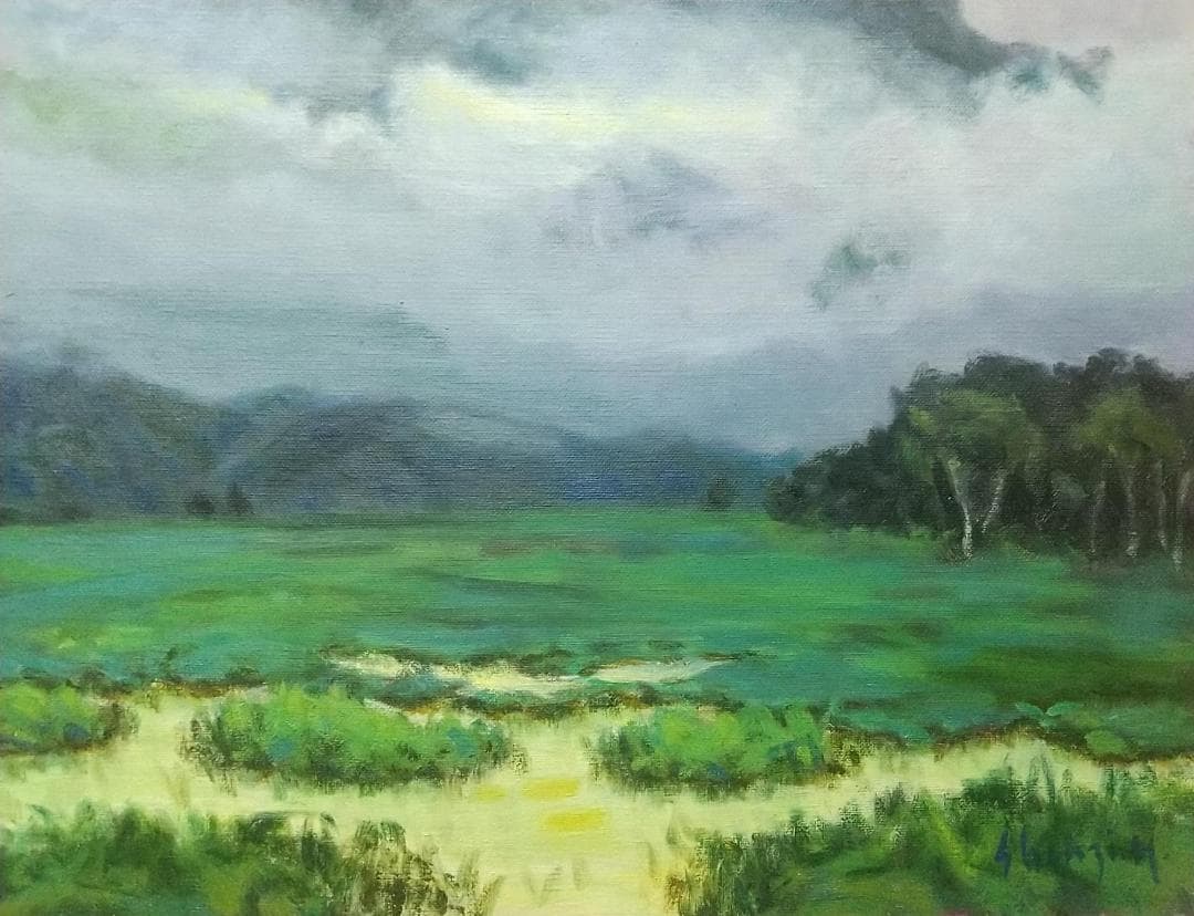 朝霧（尾瀬ヶ原）」F15 1985 油絵 油彩画 絵画 アート 風景画 尾瀬