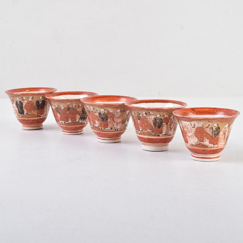 九谷焼 古九谷 赤絵金彩 人物花文 煎茶碗 五客 時代箱付 U