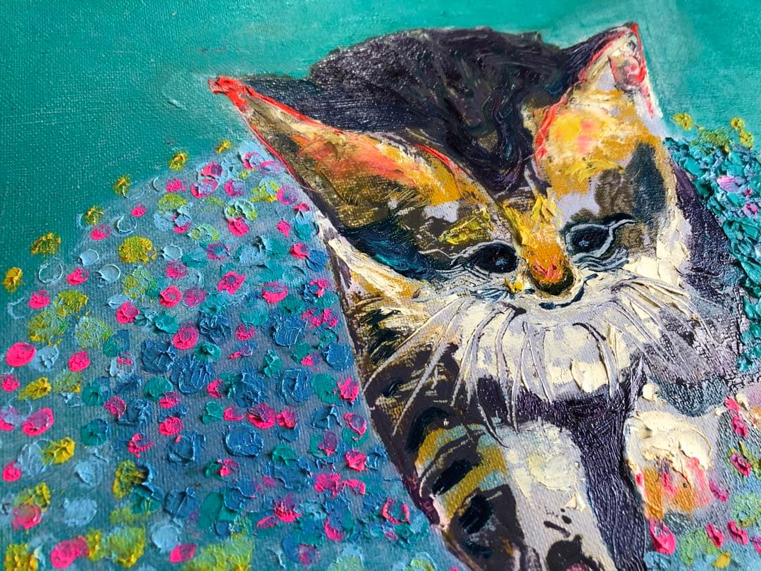 関口すすむ　油絵　猫　ねこ、おや何かいるぞ　F4号