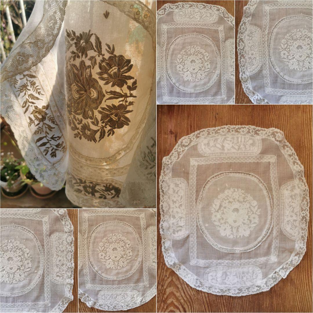 アンティーク フランス 美しい盛上刺繍 ノルマンディーレース 象牙色