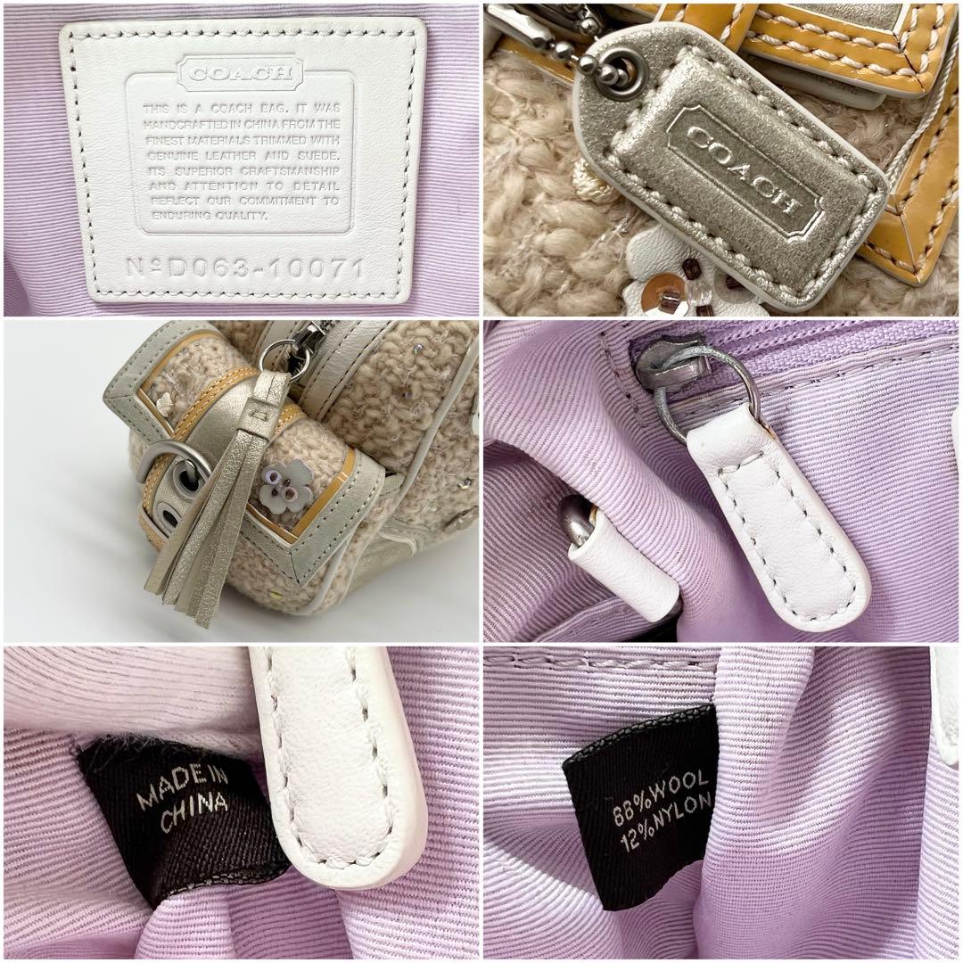 希少 COACH ツイード ハンドバッグ ミニ ボストン 花モチーフ フリンジ