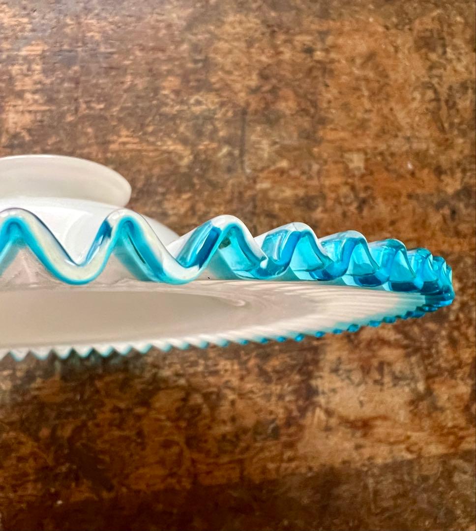 大正ロマン 青縁ギザ波 電笠 シェード 和ガラス アンティーク 古道具 洋館