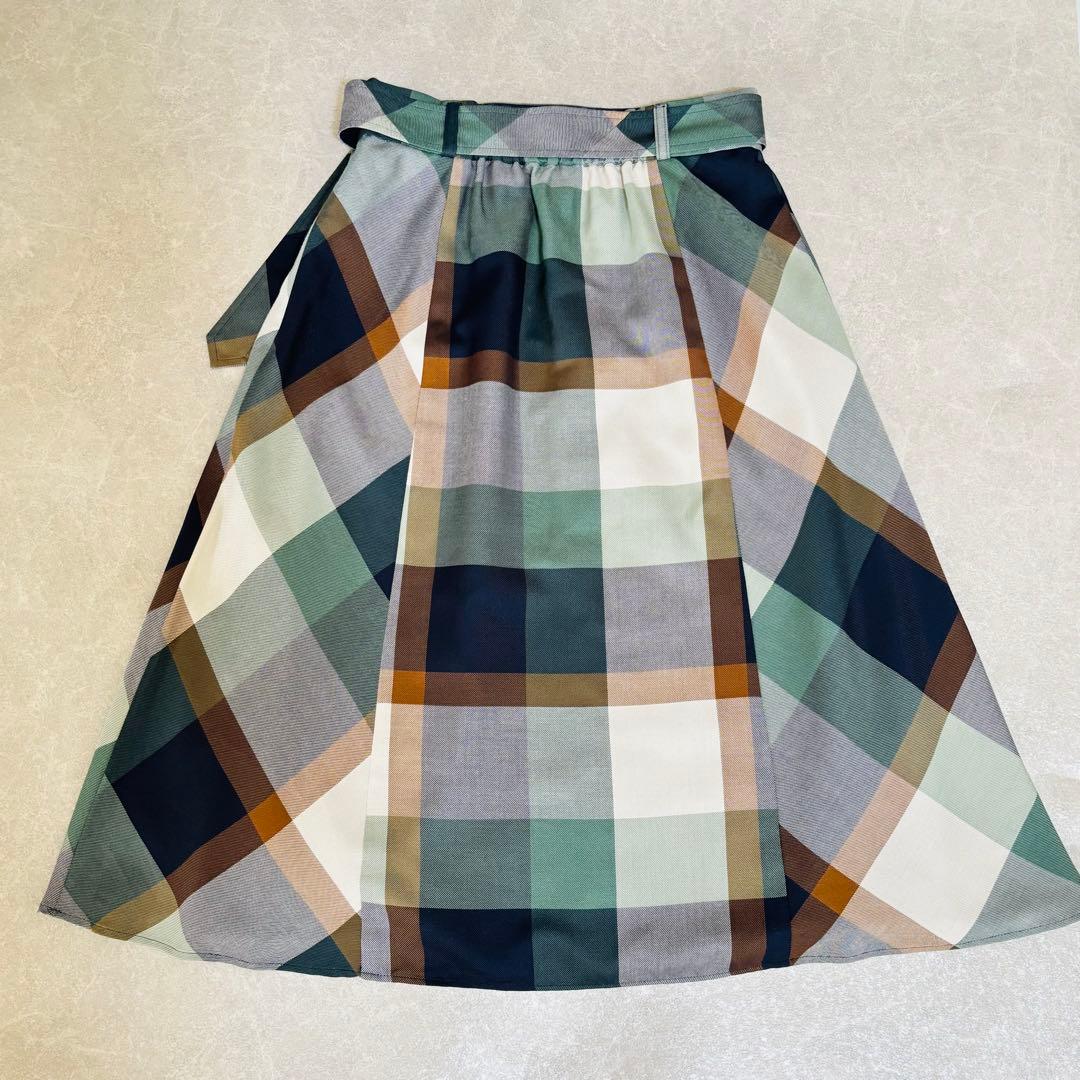 ブルーレーベル｜緑チェック フレア ベルト Aライン ミモレ 秋冬 大人可愛い