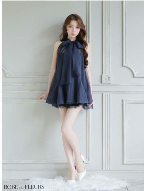 521ハイネックウエストリボンミニキャバドレス XSサイズ ネイビー