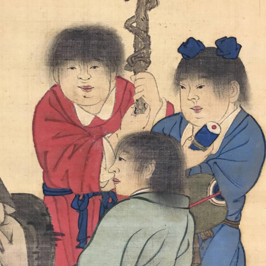 模写/熊代熊斐/寿老人図/人物図/鶴亀図/祝掛軸/横物/掛軸