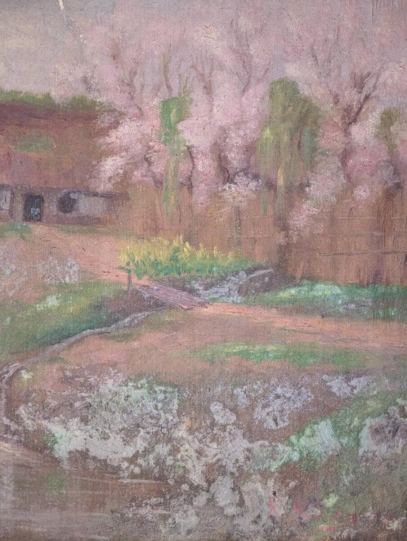 【真作】絵画　油彩12号　風景画　春の里山　桜咲く古民家の風景　U84