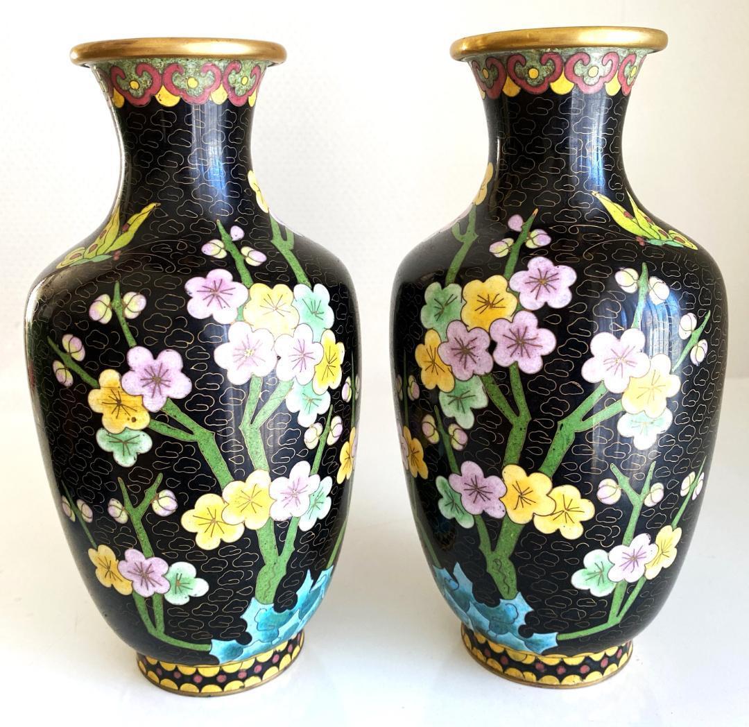 Vintage 花瓶 七宝焼 景泰藍 骨董品 花器 陶器 2個セット 台座付き