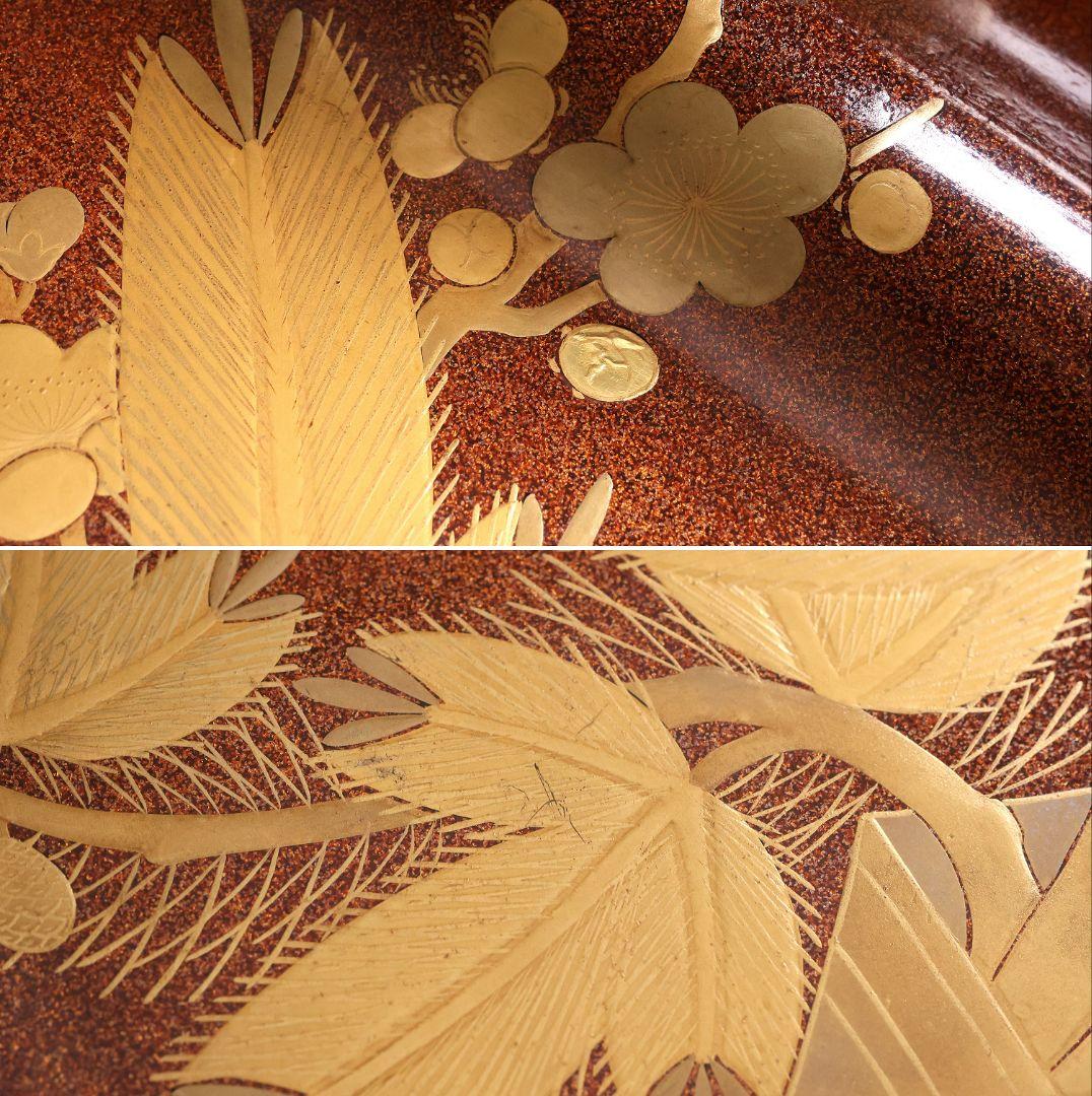 【MA797】時代木製漆器 梨子地 松梅・桔梗唐草 金蒔絵 呉服蓋 広蓋 広盆