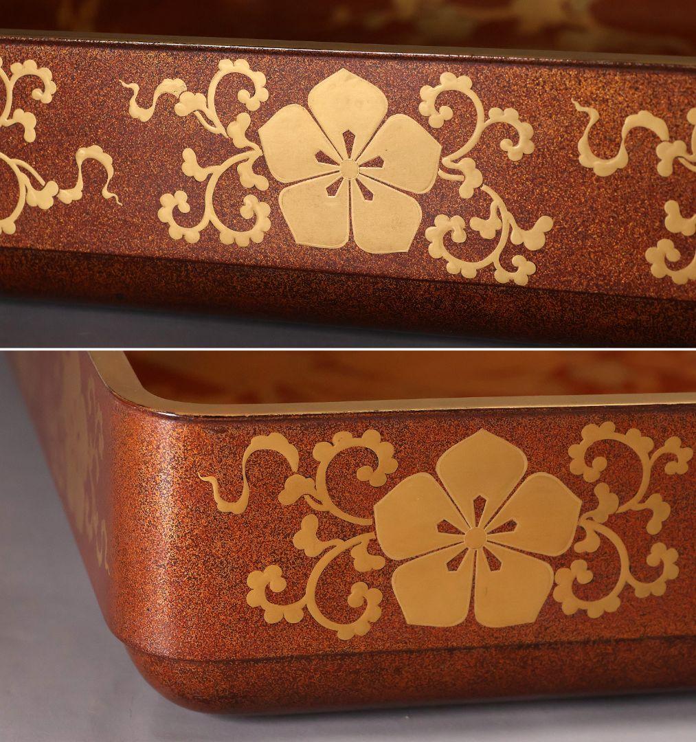 【MA797】時代木製漆器 梨子地 松梅・桔梗唐草 金蒔絵 呉服蓋 広蓋 広盆