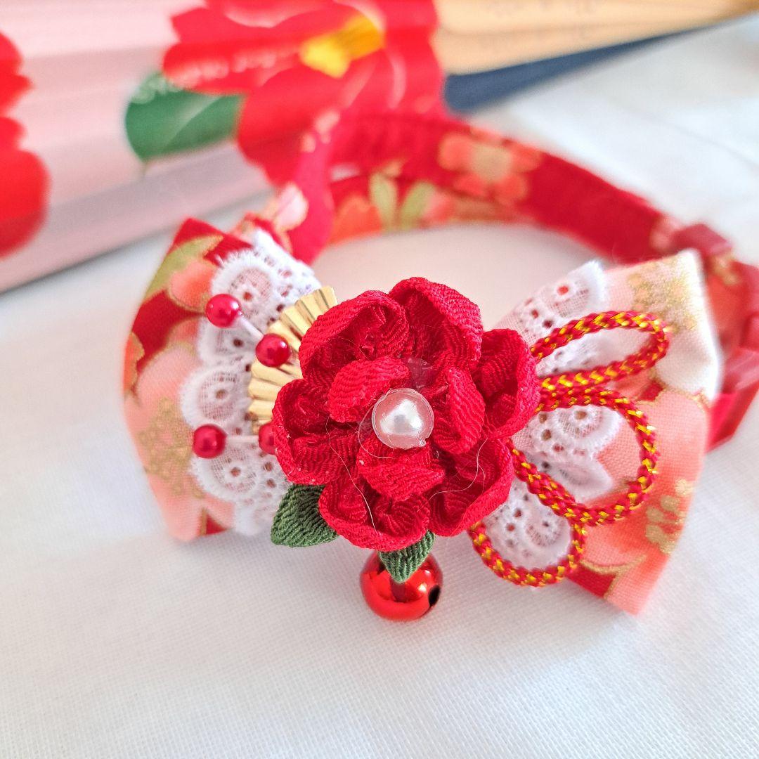 お正月仕様(水色②)つまみ細工付き和風リボン、わんちゃん猫ちゃん用