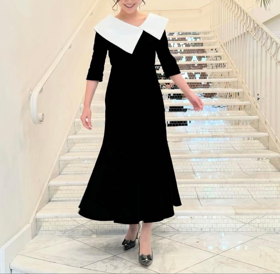 Leja アシンメトリービッグカラーベロアマーメイドシルエットドレス