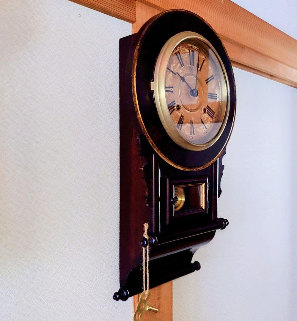 専用〈完動・美品〉日本時計　八吋巻物形ゼンマイ振り子時計　アンティーク古時計