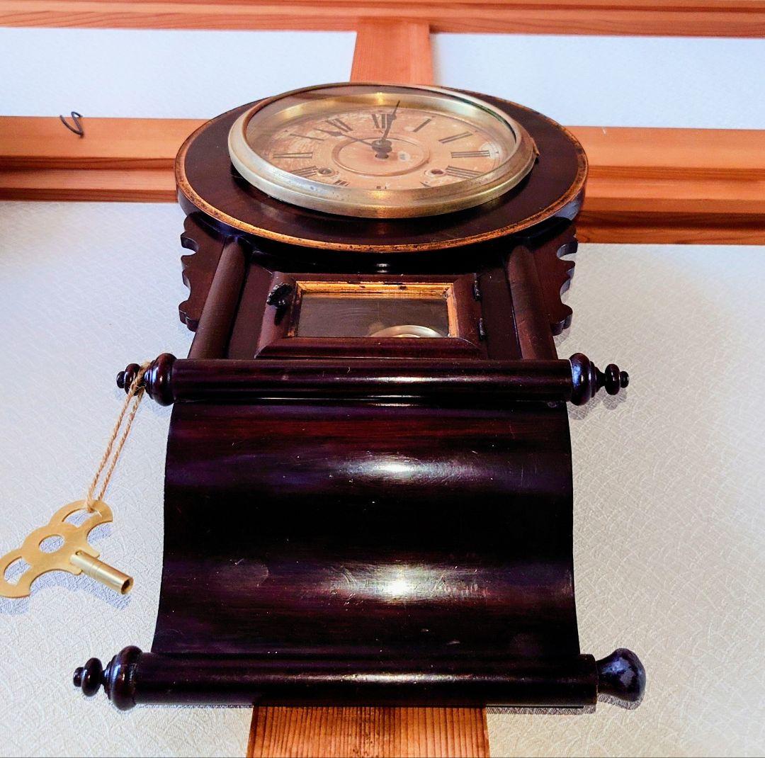 専用〈完動・美品〉日本時計　八吋巻物形ゼンマイ振り子時計　アンティーク古時計