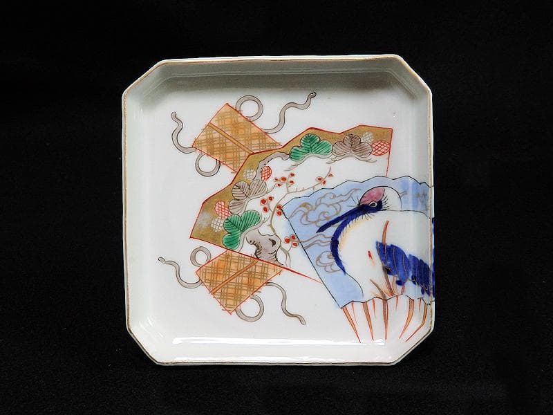 古伊万里 染錦 松に丹頂鶴の図 角皿 4枚 D827AS-BJn