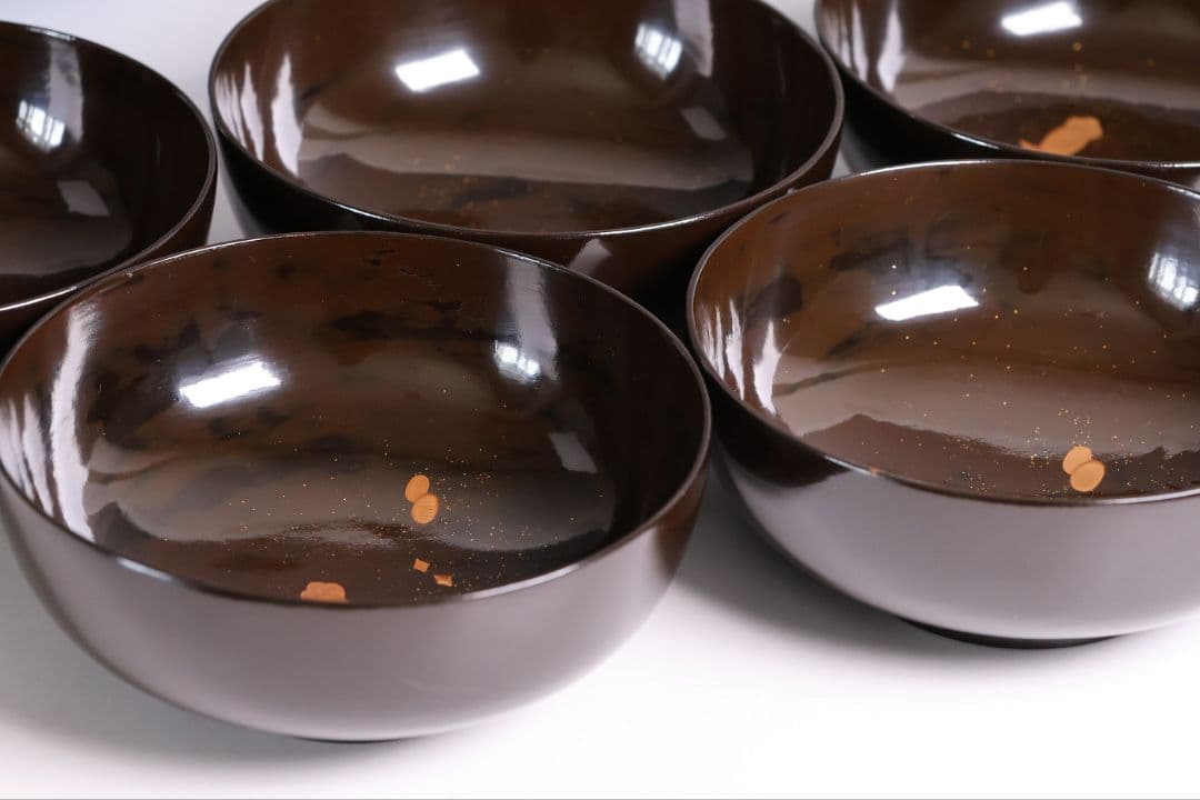 MB191】輪島塗 宝尽くし金蒔絵 黒塗椀 五客 天然木漆塗 大正昭和 茶