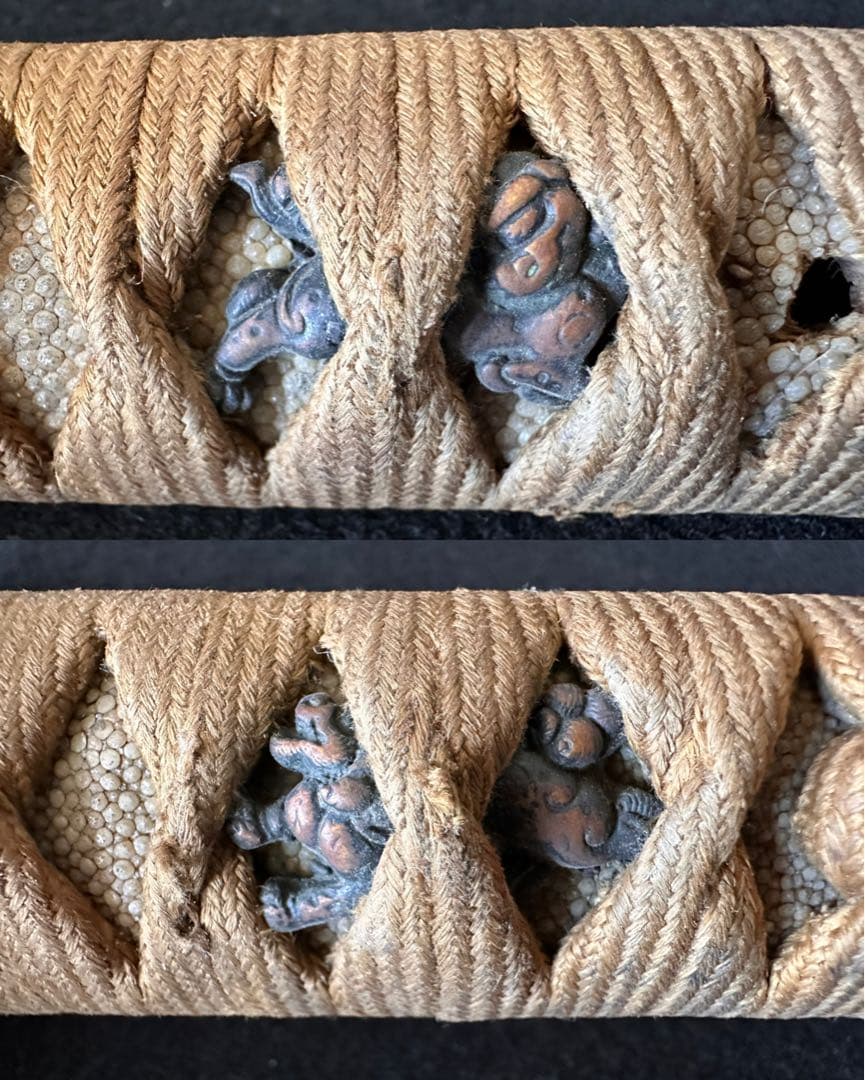 刀装具　 脇差　拵え　鉄地蛙図鍔　獅子目貫　時代 武具　 骨董　古美術　現状B