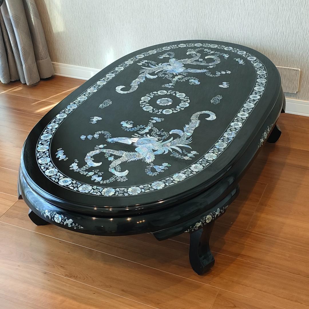 ☆豪華な鳳凰アート 螺鈿細工 鳳凰 座卓テーブル 黒漆塗 T1