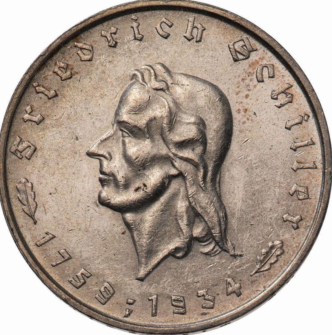 極美品』ドイツシラー生誕175周年記念5ライヒスマルク銀貨(1934年)F