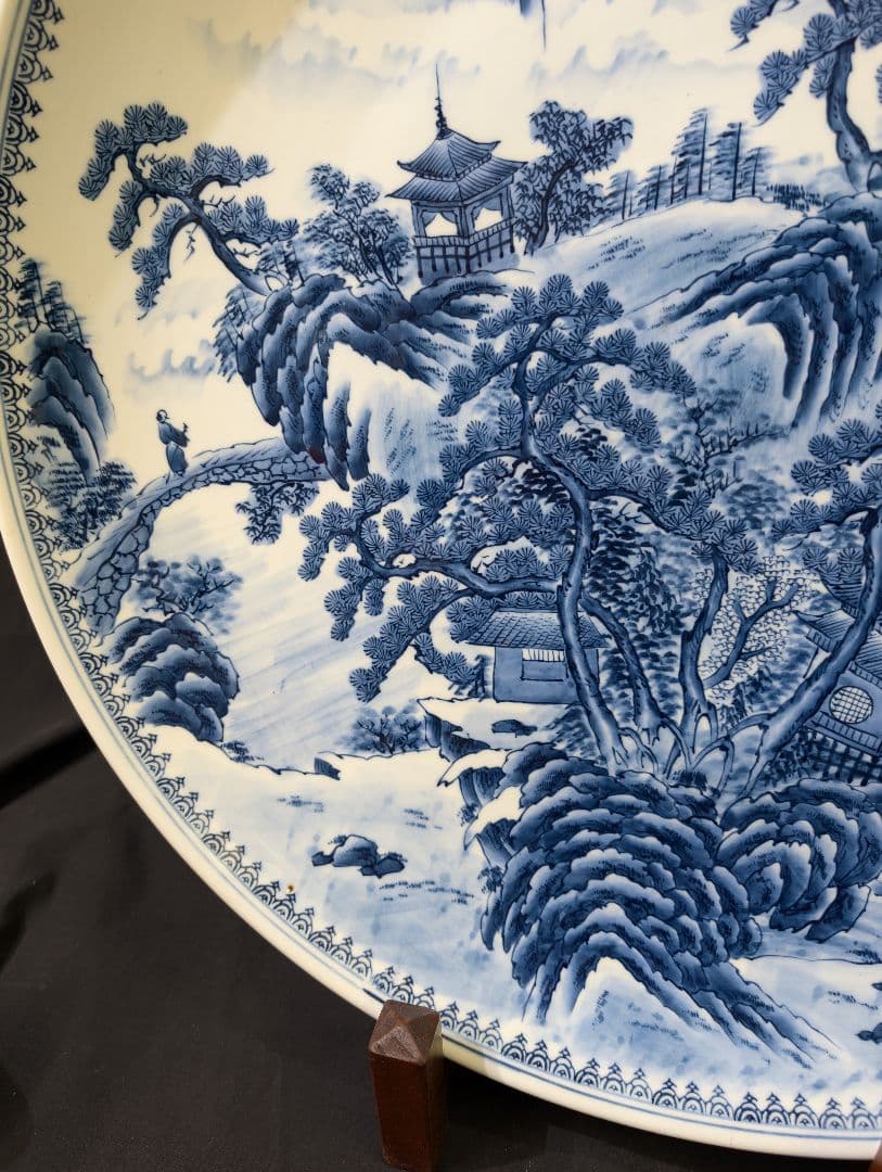 肥前有田焼 山水尺8大皿 峯右衛門作2尺皿特大飾り皿皿立額立て付