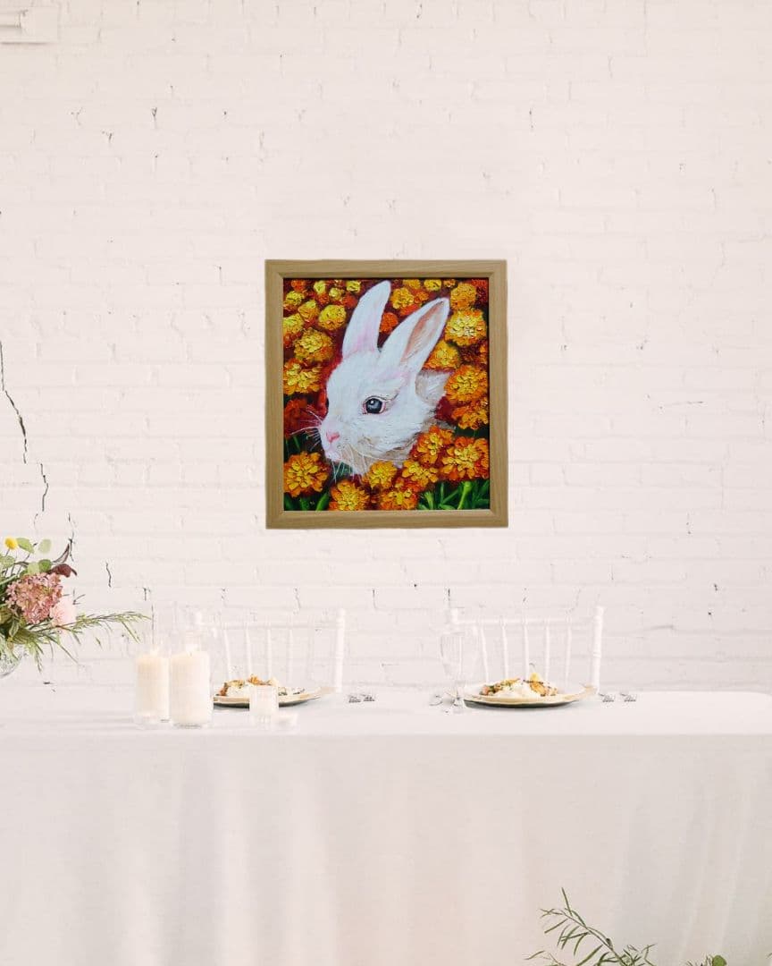 油絵 絵画【マリーゴールドのうさぎ】