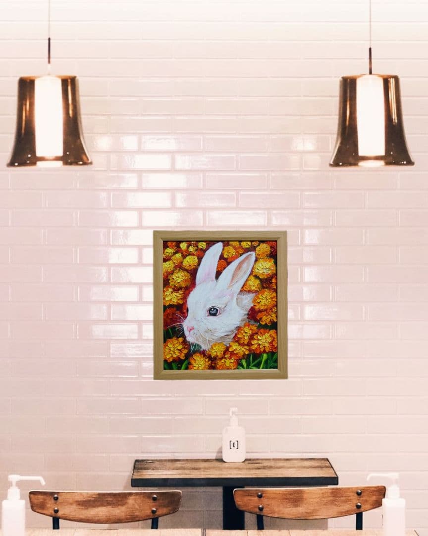 油絵 絵画【マリーゴールドのうさぎ】