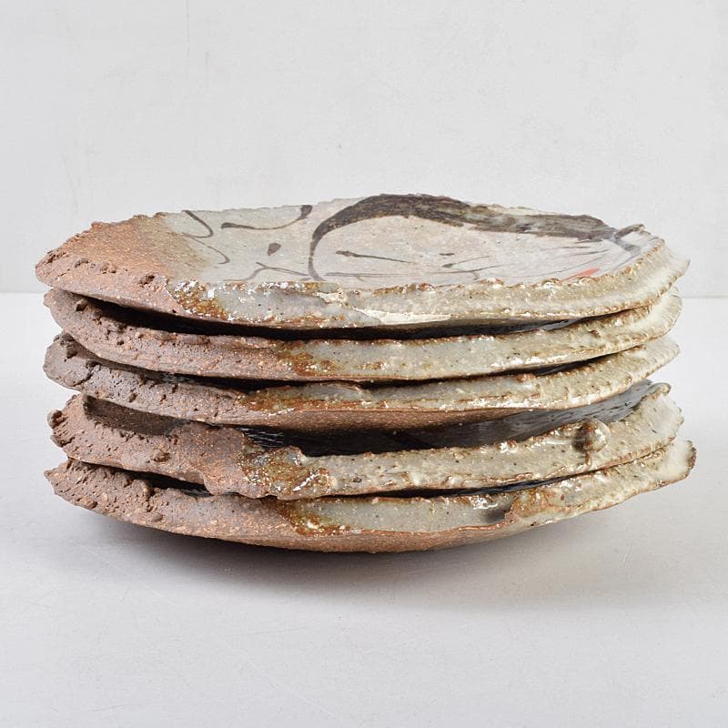 和食器　唐津焼　絵唐津　鉄絵　丸皿　銘々皿　五客　在銘　共箱　V　R9161B