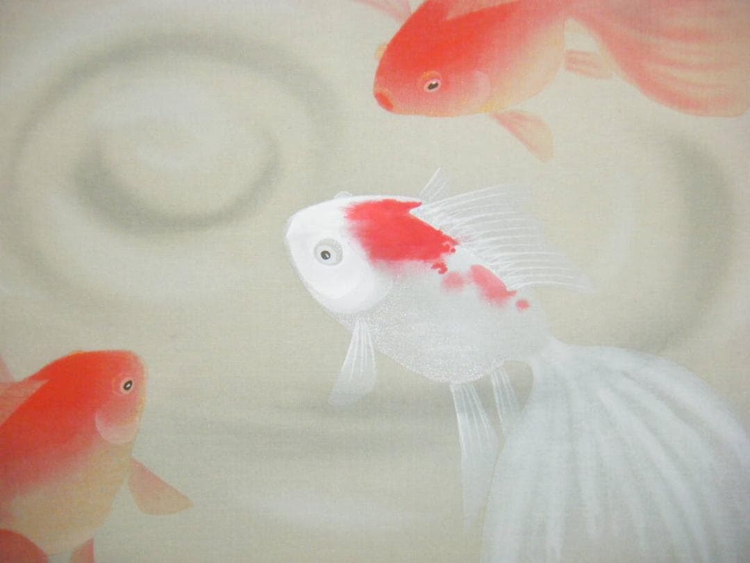 真作】掛軸 仲田龍安 金魚 人気画家 精密描写 共箱入 O174