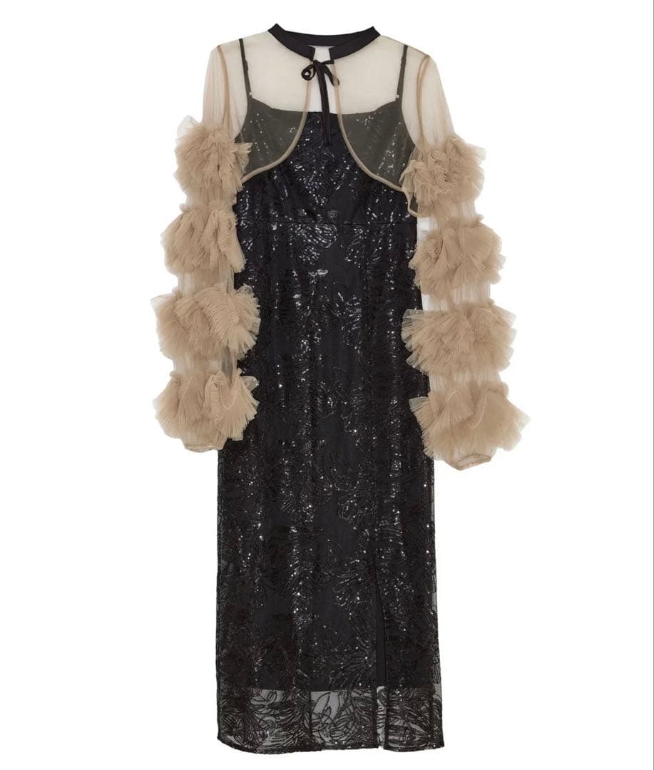 LEJA（レジャ）フリルチュールスリーブリボンIラインワンピースドレス