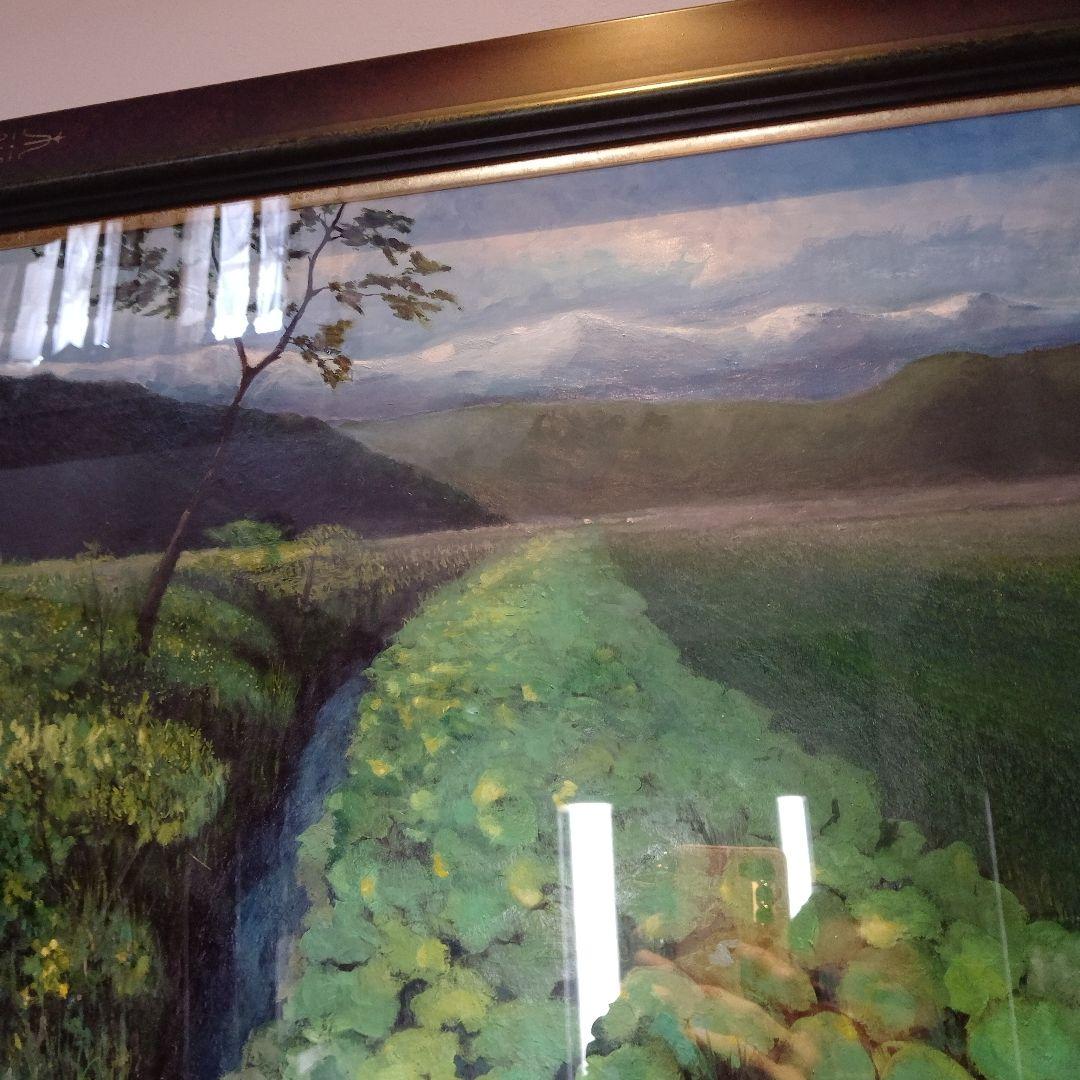 高級特注額縁】蓮根畑 蓮 風景画 肉筆画 油彩画 大判 サイン有り