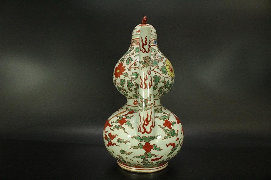 中国美術 赤絵 纏枝蓮花馬紋 瓢形 注瓶 高28cm(LC534)