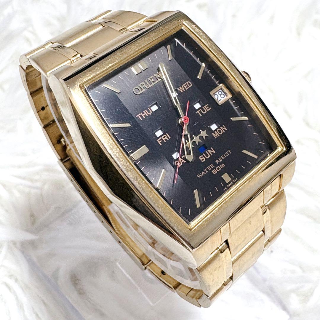 美品✨ORIENT オリエント スリースター 自動巻き デイデイト スクエア型