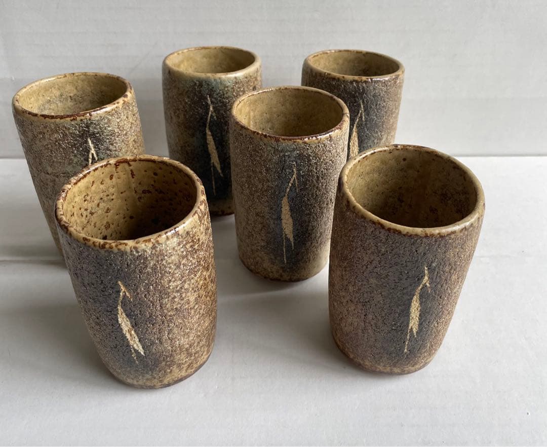 河本五郎　灰釉鳥紋　汲出碗　6客揃い