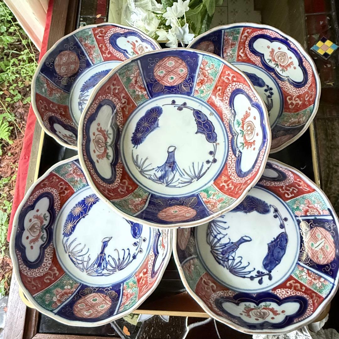 新春特別価格‼️牡丹❌桃　伊萬里桃手松竹梅大膾皿5客　在銘大化年製 新春特別価格‼️牡丹❌桃 伊萬里桃手松竹梅大膾皿5客 在銘大化年製