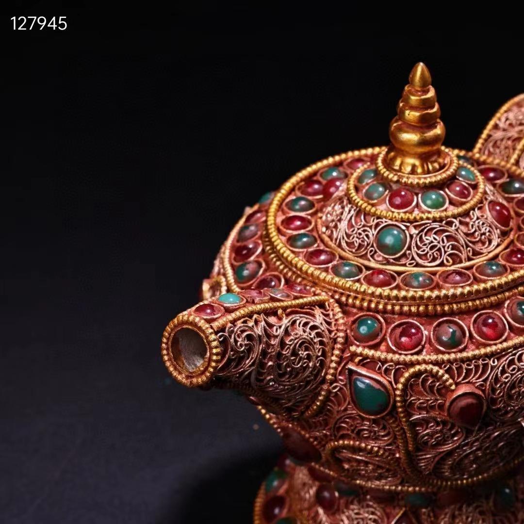 中国古美術・旧蔵收・純手作り・花糸古銅彫塗金宝石嵌酒壺・文房置物